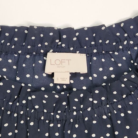 LOFT Blouse Womens Small Navy Blue White Polka Dotted Career Office Ruffle Neck - Picture 3 of 7